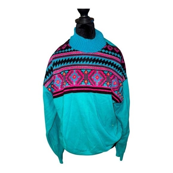 80s VTG Heartland Minneapolis MN Mock Turtleneck Turquoise Aztec Knit Women’s L - Picture 1 of 6
